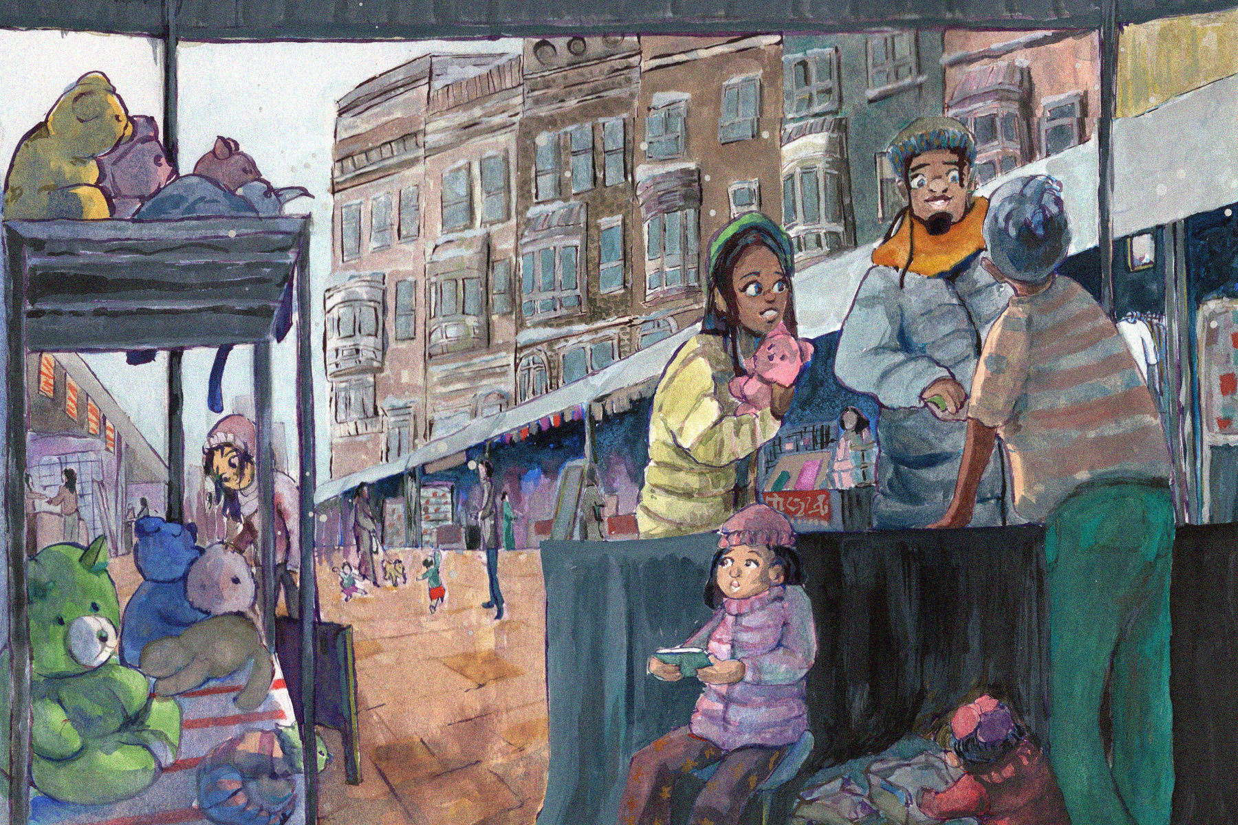 Illustration of a street scene with people and stuffed animals, featuring a colorful urban backdrop.